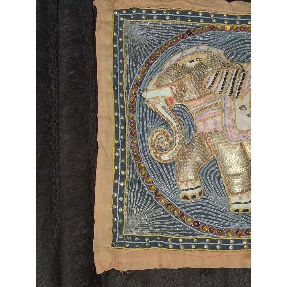 Vintage Handmade Thai Beaded Elephant Wall Hanging Textile 15